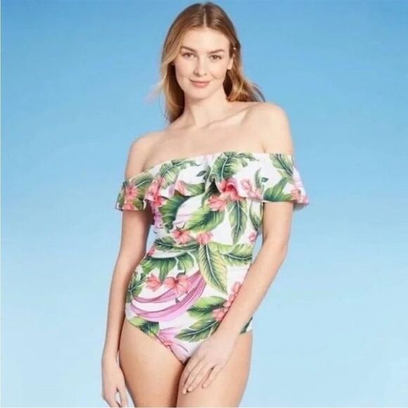 Kona Sol Off Shoulder Flounce One Piece Swimsuit Tropical Floral - Picture 1 of 5